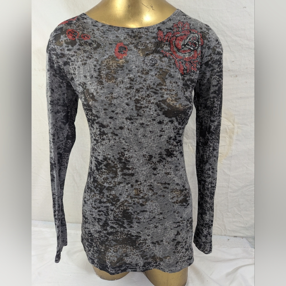 Nally & Millie Gray and Black Long Sleeve Top with Red Rose Embellishments S/M